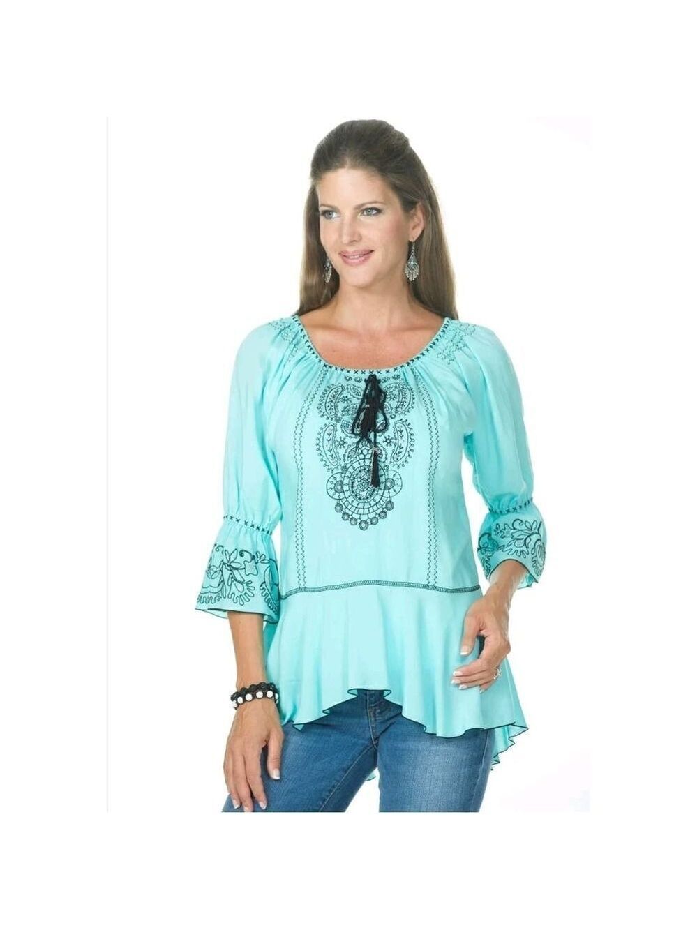 Woman's Tunic Top Blouse Aqua Blue Krista Lee Tranquil Embroidery Beaded Hi-Lo